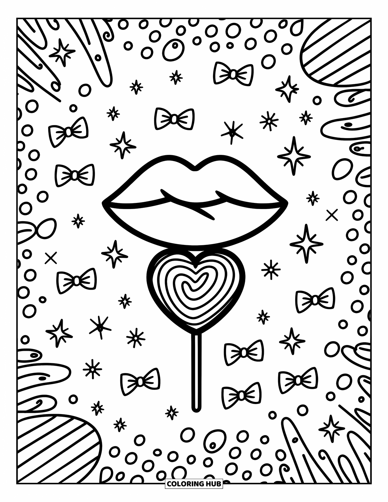 Lips Coloring Page for Adults: Lips gently holding a swirly heart lollipop with tiny bows and sparkles