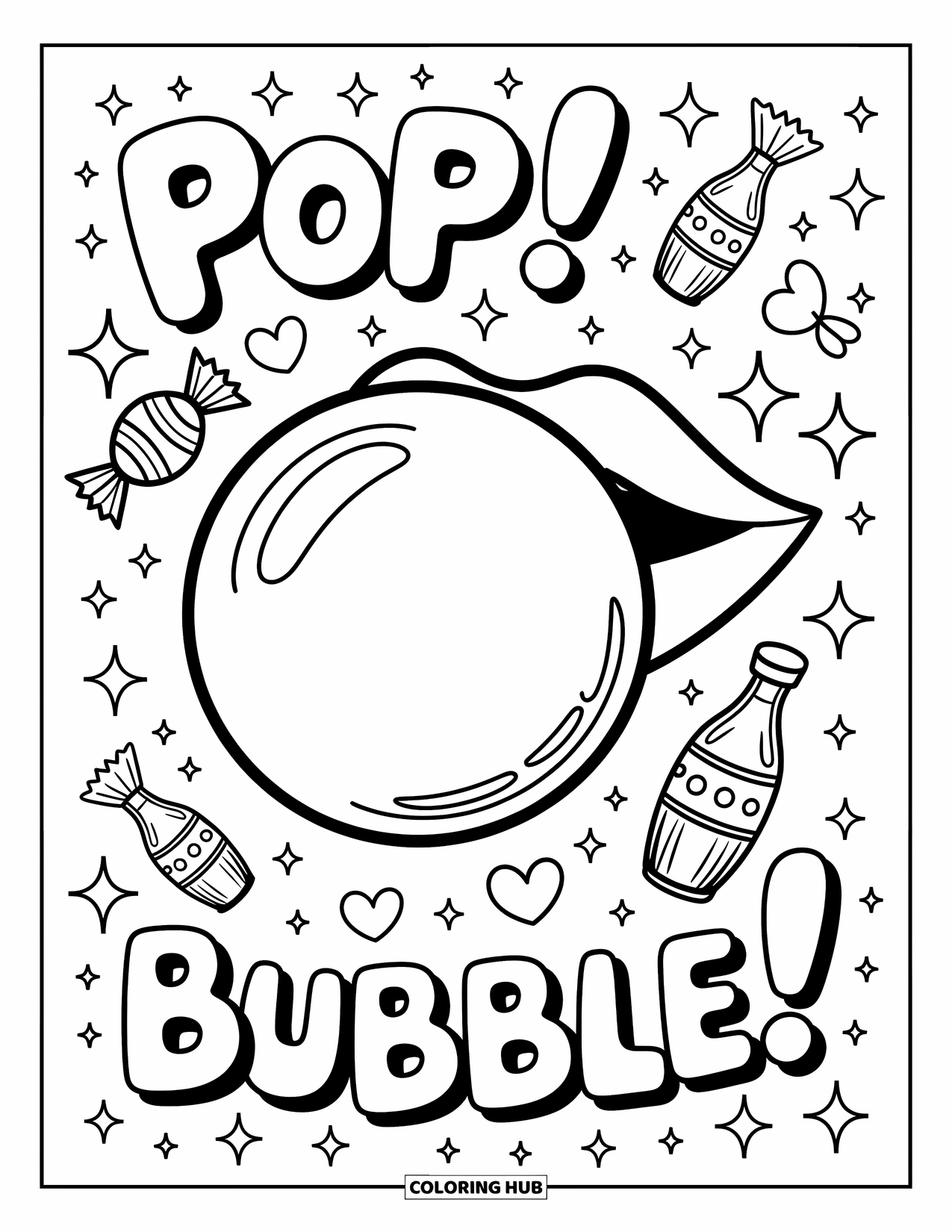 Lips Coloring Page for Adults: Playful lips blowing a bubble with fun words and candies floating around
