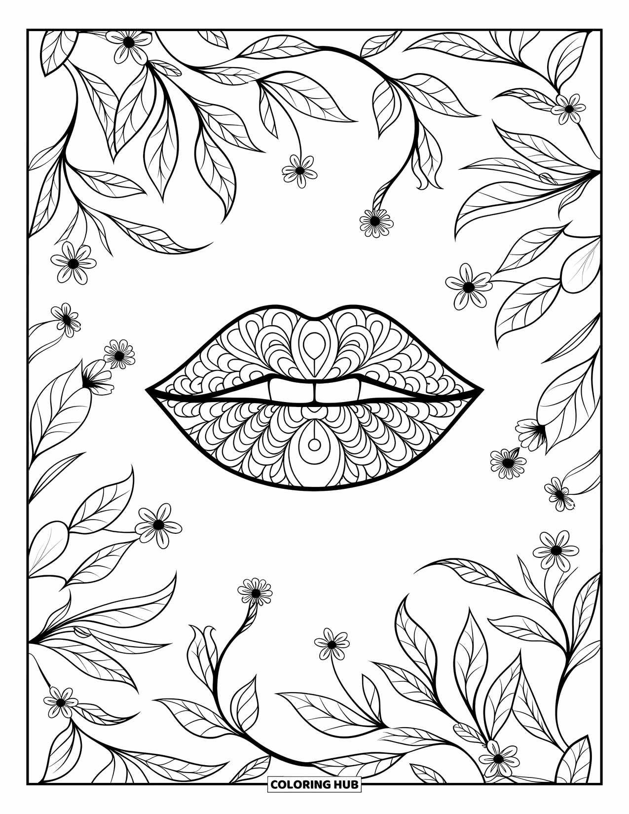 Lips Coloring Page for Adults: Stylized lips framed by intricate floral and leafy swirls