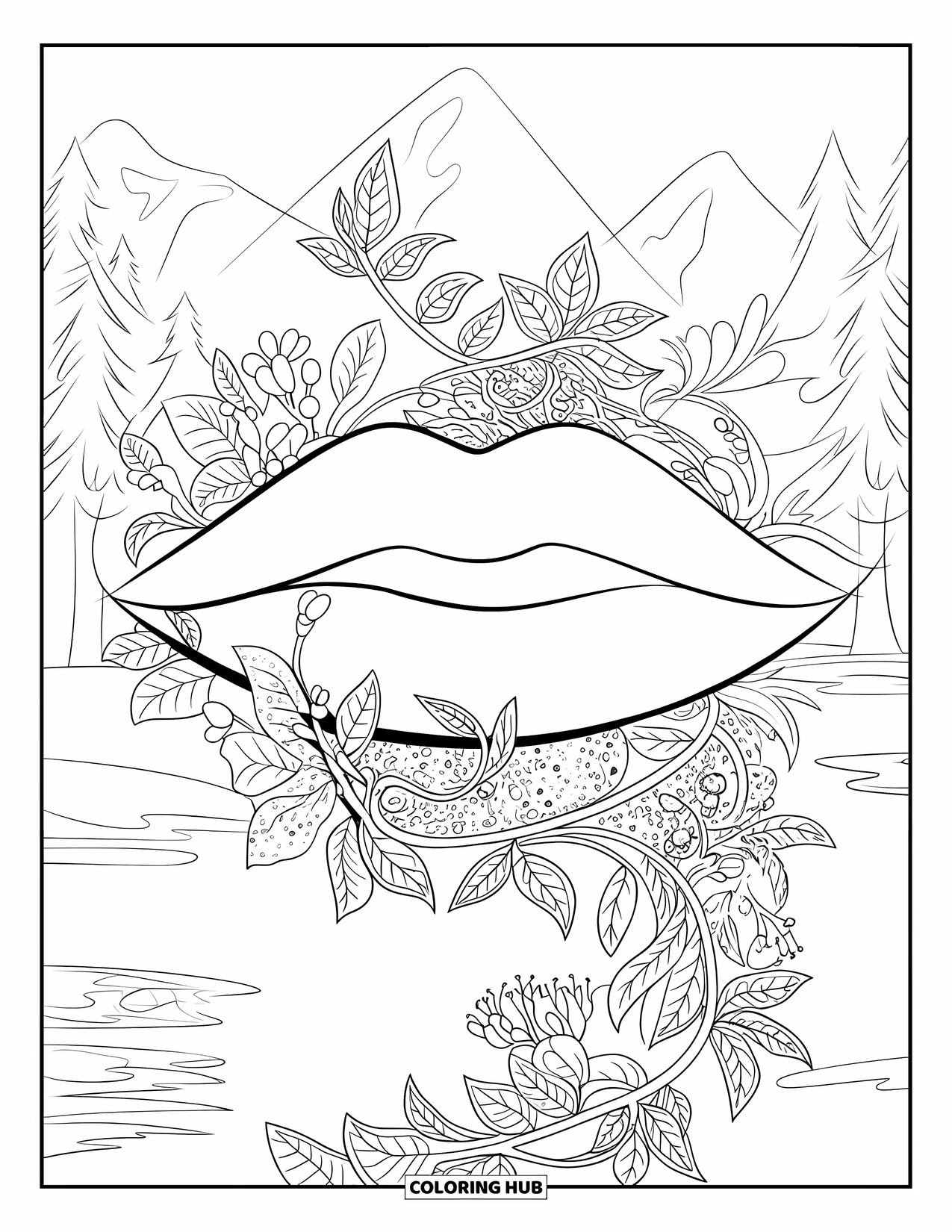 Lips Coloring Page for Adults: Vines and flowers twining gracefully around softly curved lips