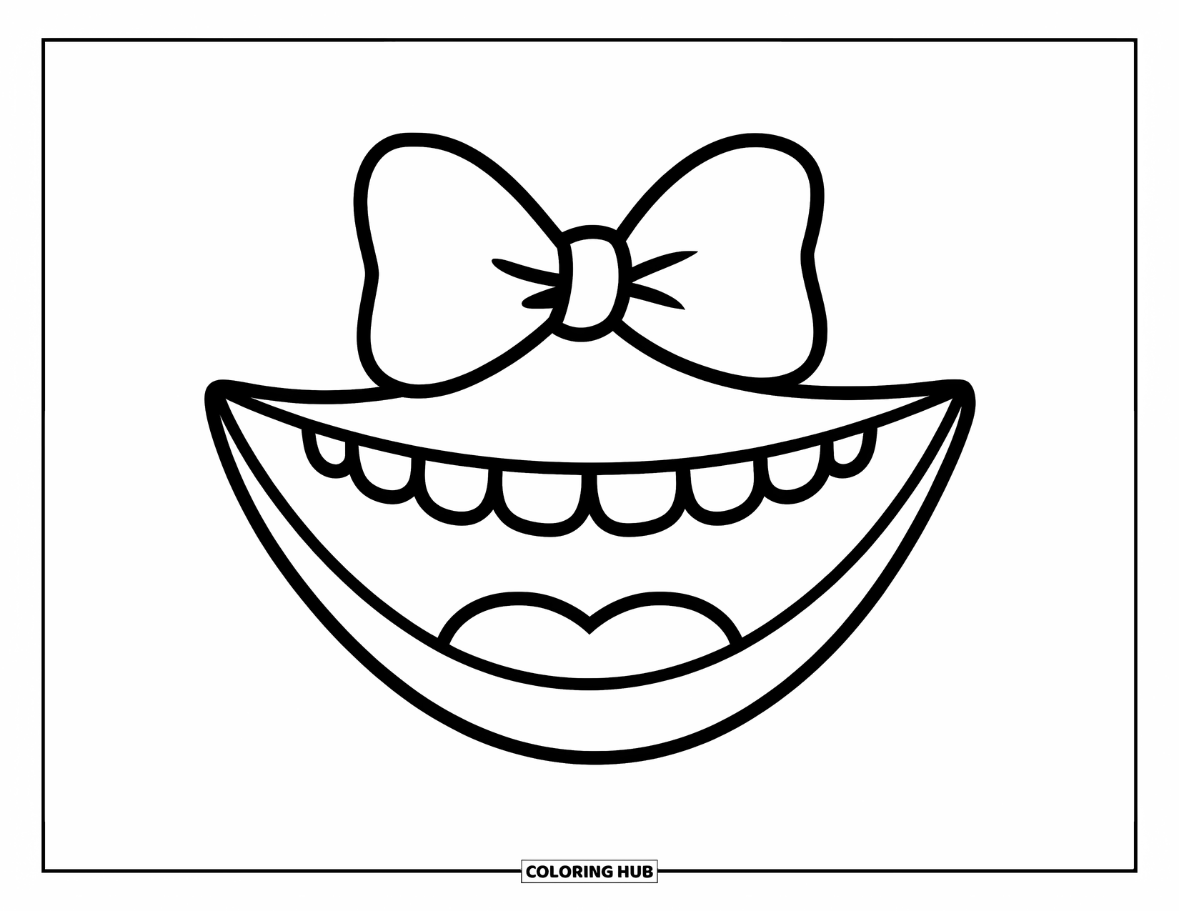 Lips Coloring Page for Kids: A happy mouth with teeth, a tongue, and a bow on the lip