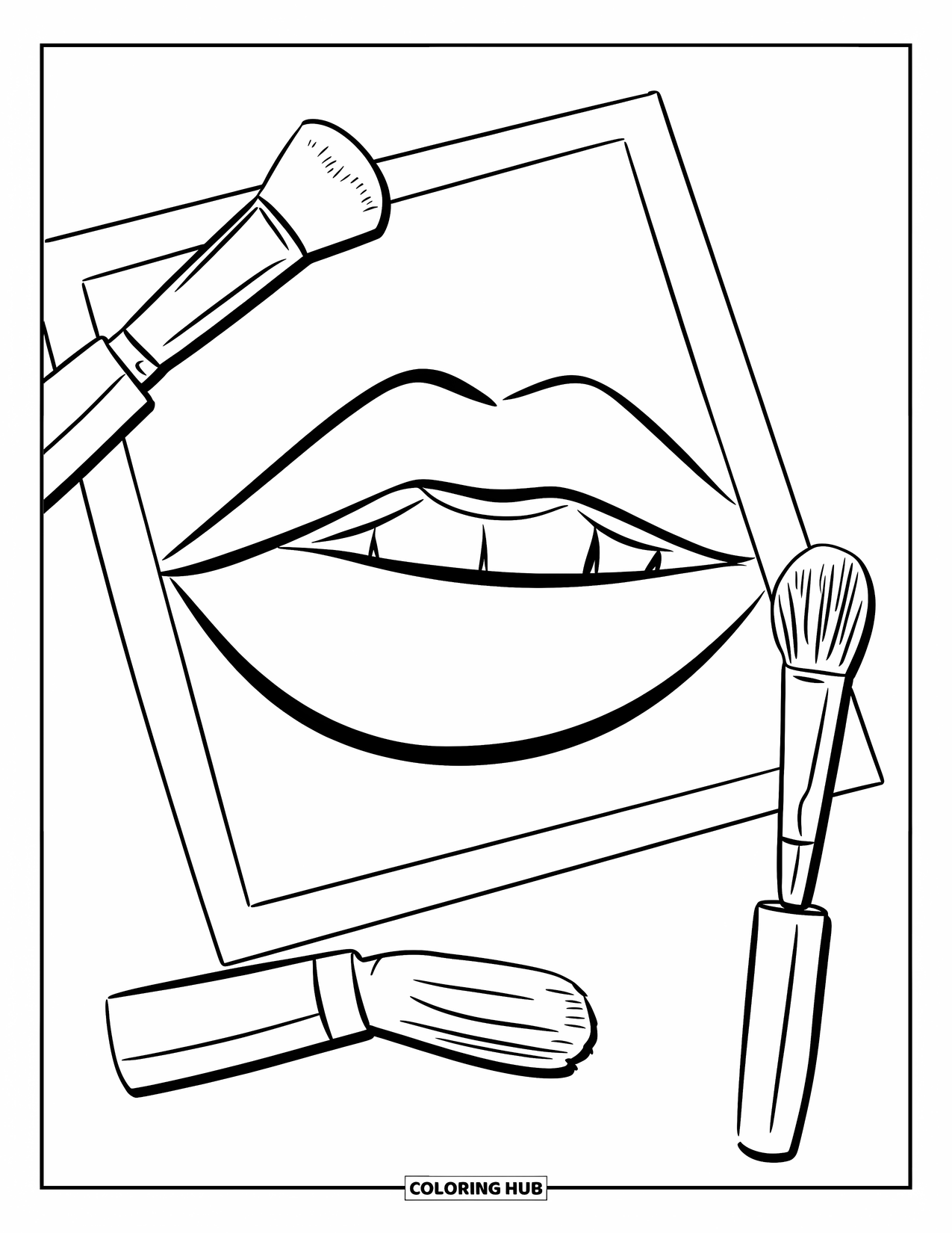 Lips Coloring Page for Kids: A pair of lips in a mirror with a brush and lipstick nearby