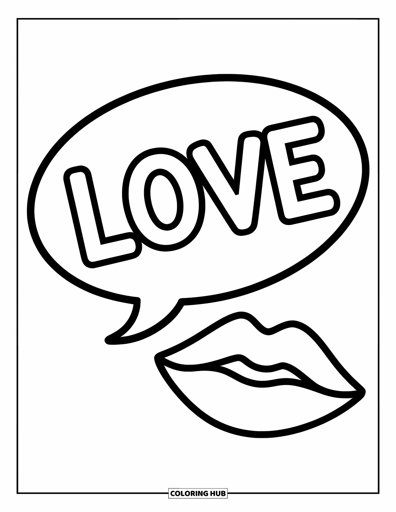 Lips Coloring Page for Kids: A speech bubble reading "LOVE" with lips drawn beside it