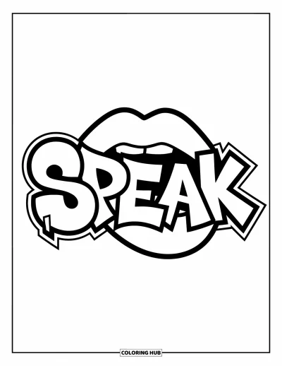 Ajak kifestő gyerekeknek: Kifejező ajkak merész graffiti betűk mellett, amelyek "SPEAK" feliratot alkotnak