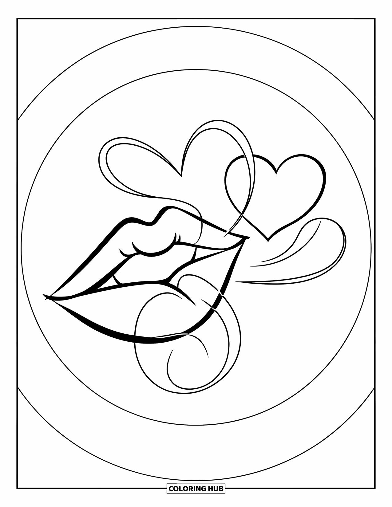 Lips Coloring Page for Kids: Lips blowing a kiss with a heart floating in front