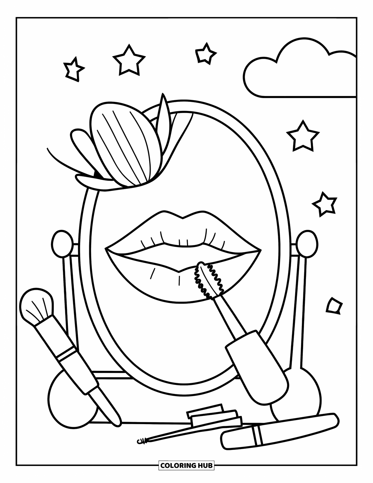 Lips Coloring Page for Kids: Lips in a mirror with stars and beauty tools floating around