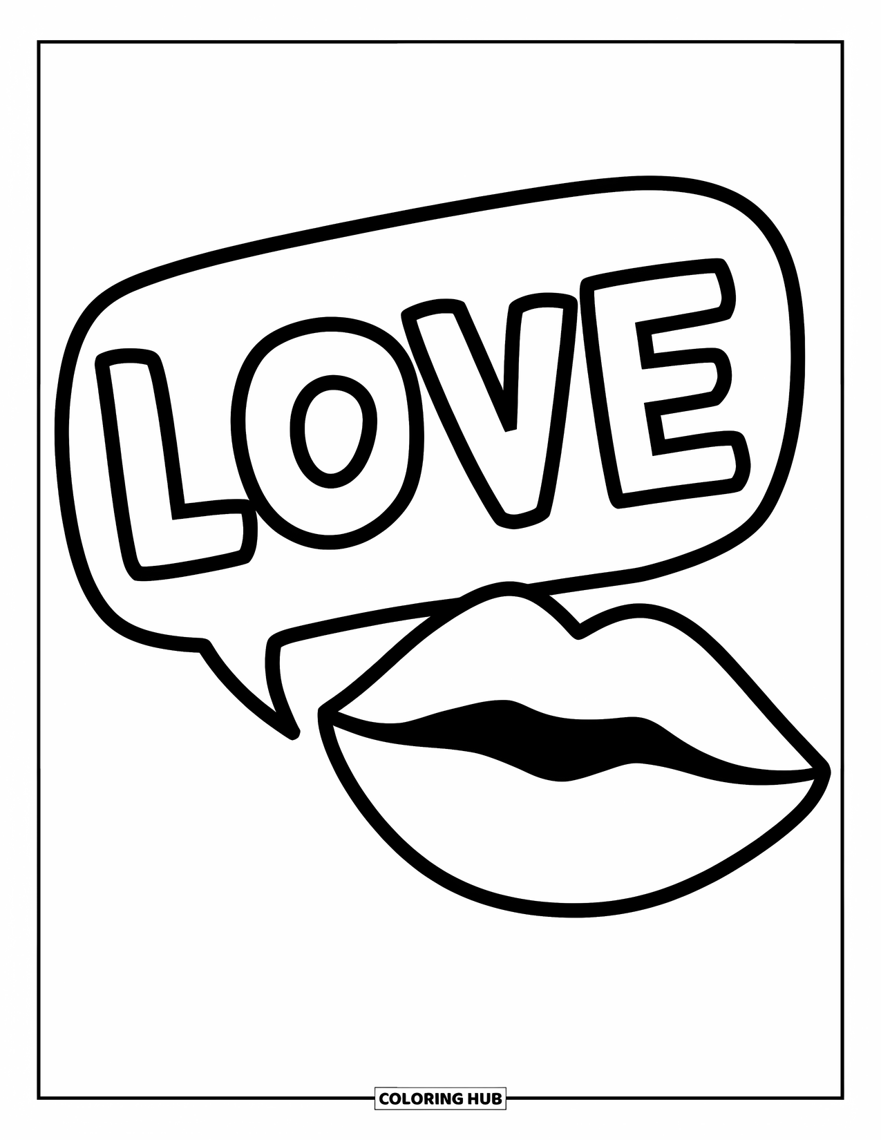 Lips Coloring Page for Kids: Lips next to a bubble saying "LOVE" in playful, bold lines