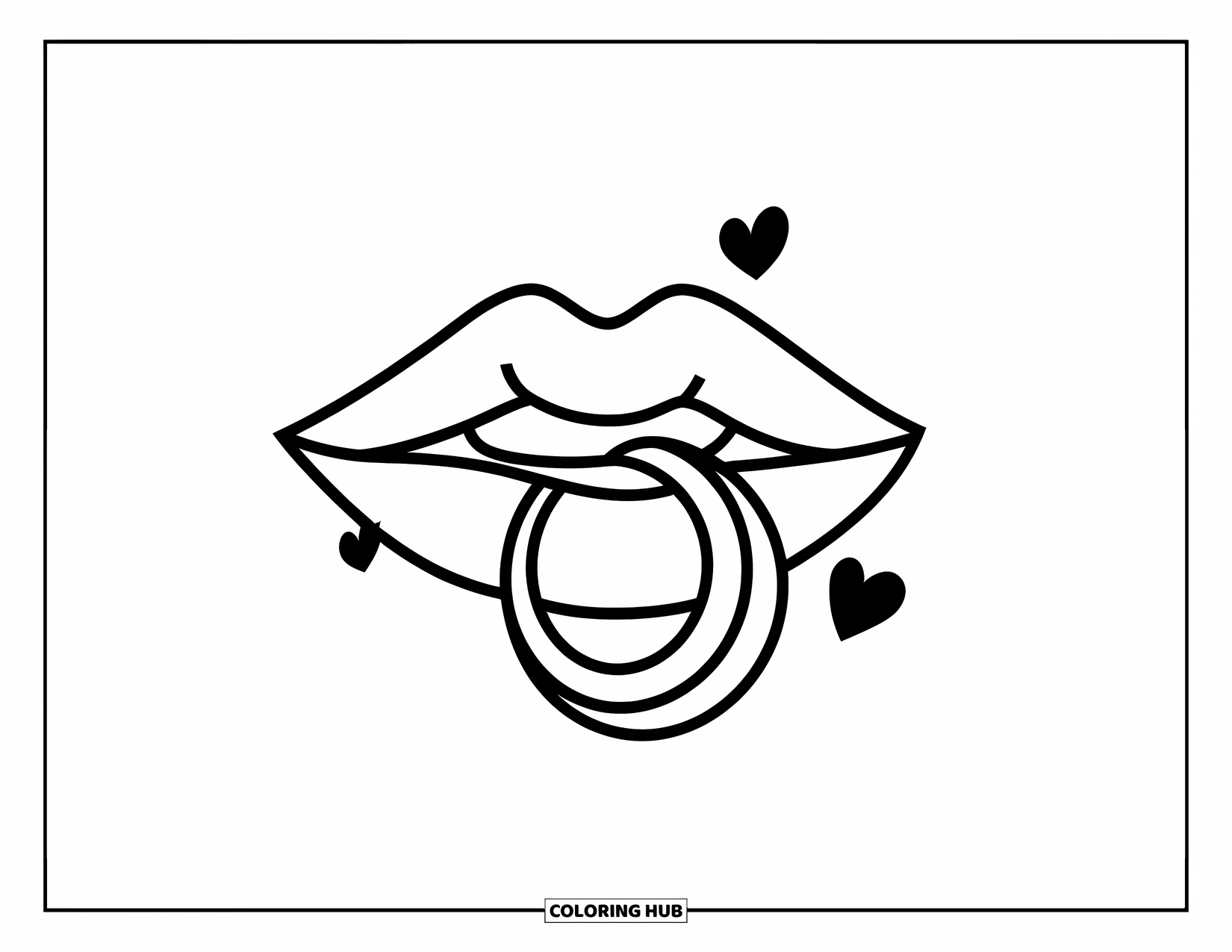 Lips Coloring Page for Kids: Lips with a hoop piercing, a shiny finish, and a tiny heart beside