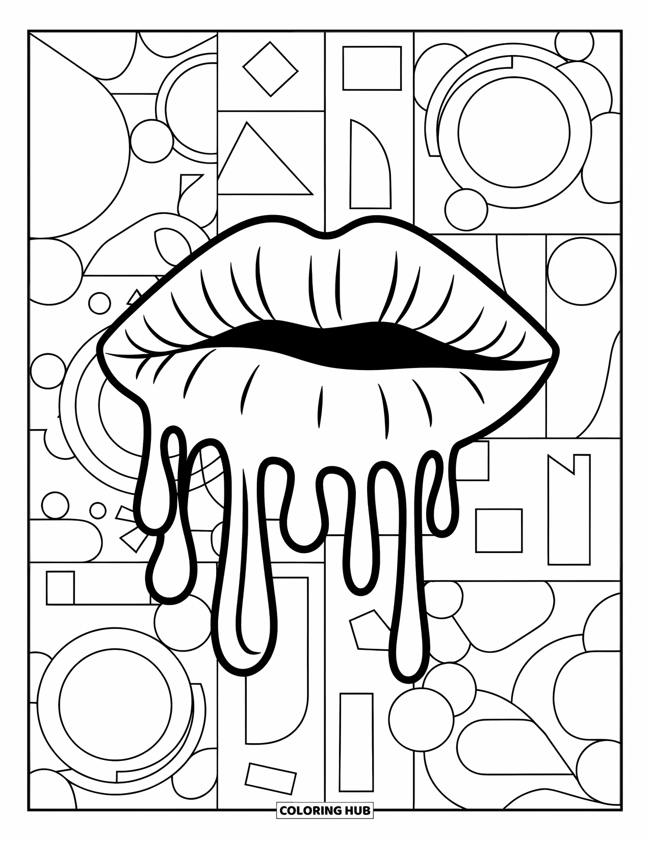 Lips Coloring Page for Kids: Lips with dripping gloss and abstract pop-art circles and triangles