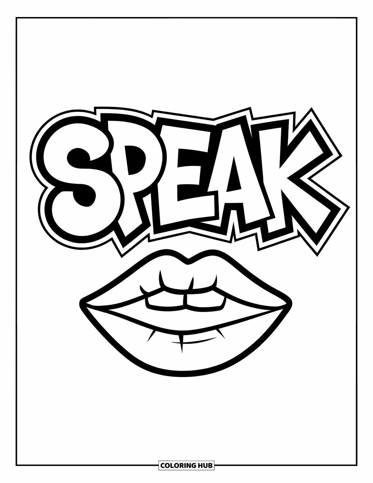 Lips Coloring Page for Kids: Lips with graffiti-style text spelling out the word "SPEAK"