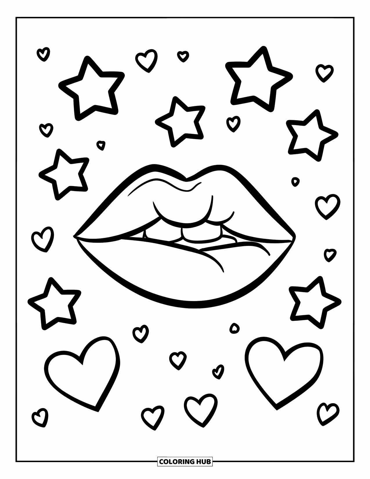 Lips Coloring Page for Kids: Puckered lips surrounded by floating stars and hearts