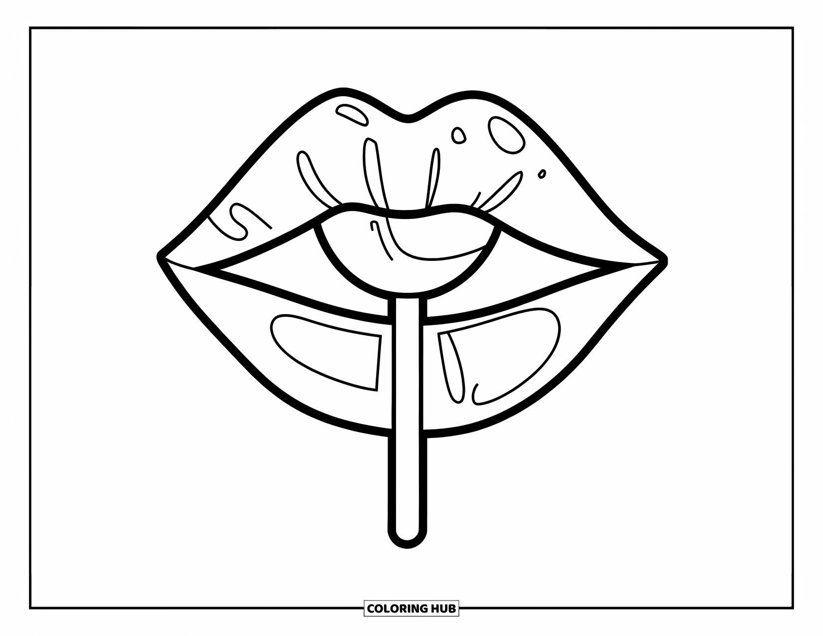 Lips Coloring Page for Kids: Smiling lips with a lollipop stick drawn in clean, bold lines
