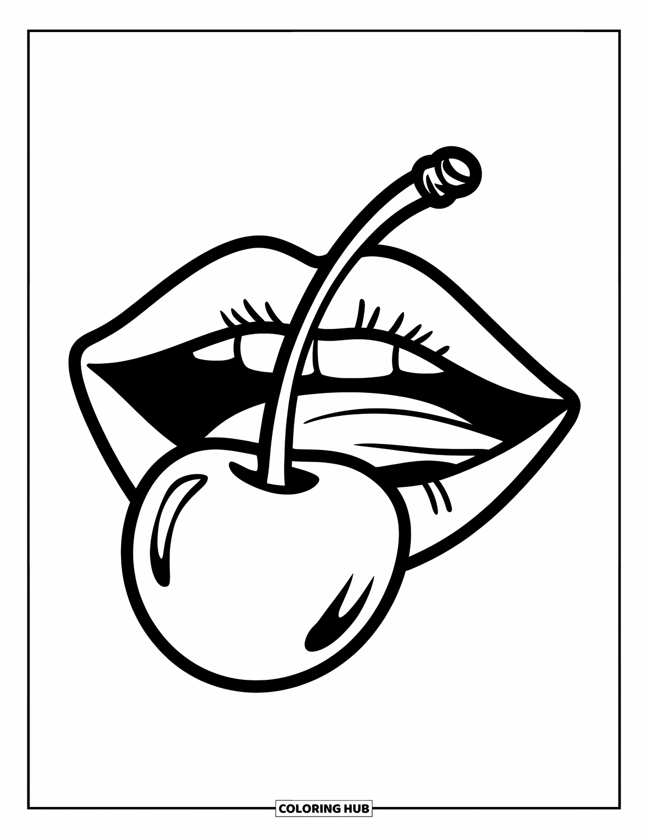 Lips Coloring Page for Kids: Stylized lips playfully holding a cherry by its long, leafy stem