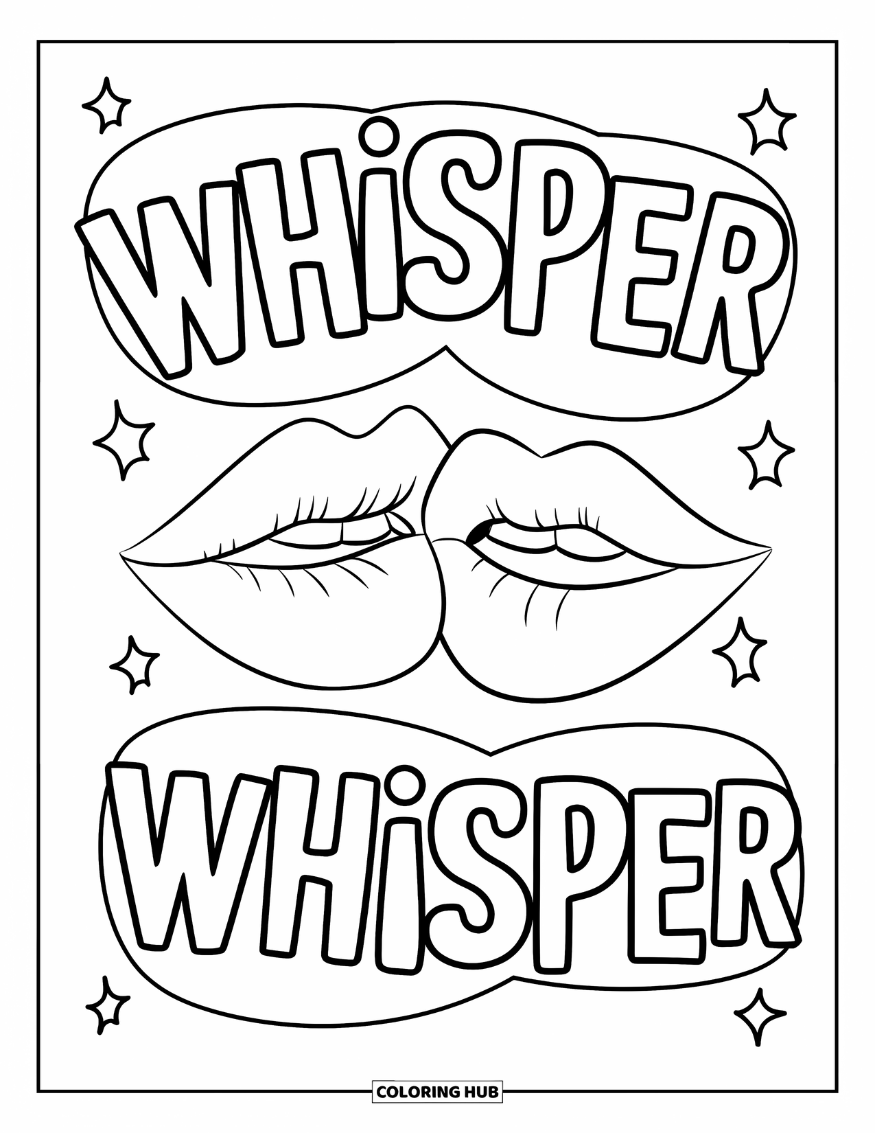 Lips Coloring Page for Kids: Two lips whispering softly with floating text bubbles nearby