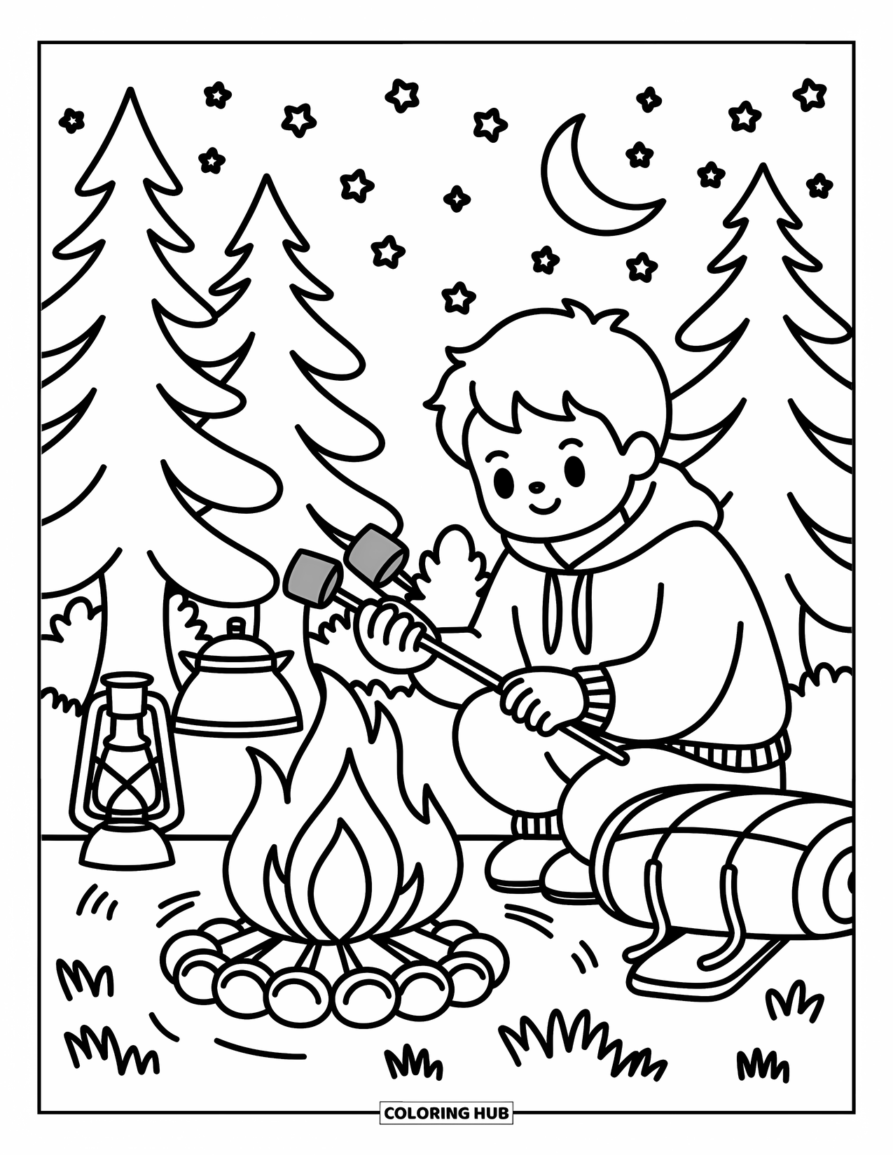 Man Coloring Page for Adults: A camper toasts marshmallows by a fire beneath stars and a crescent moon