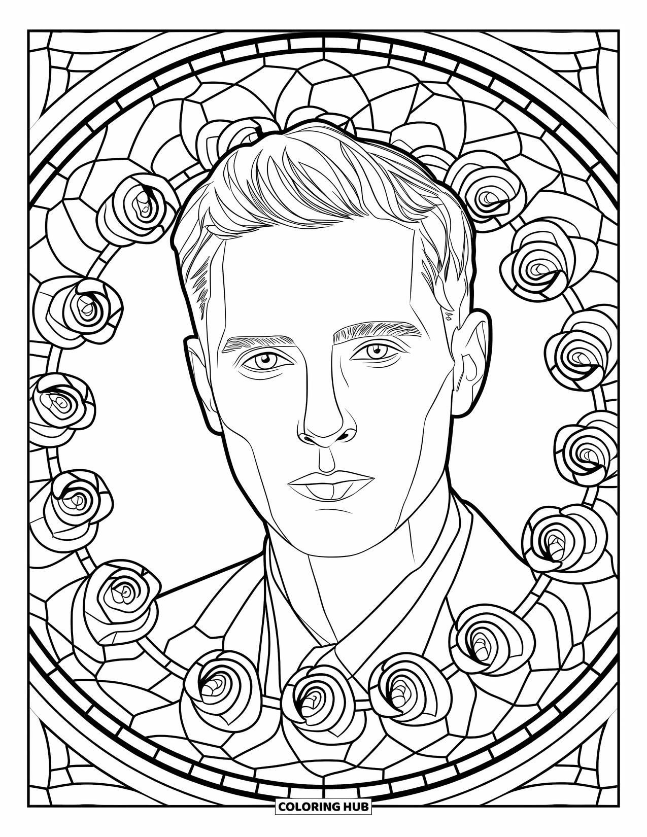 Man Coloring Page for Adults: A chiseled man in a suit is encircled by roses and stained glass designs