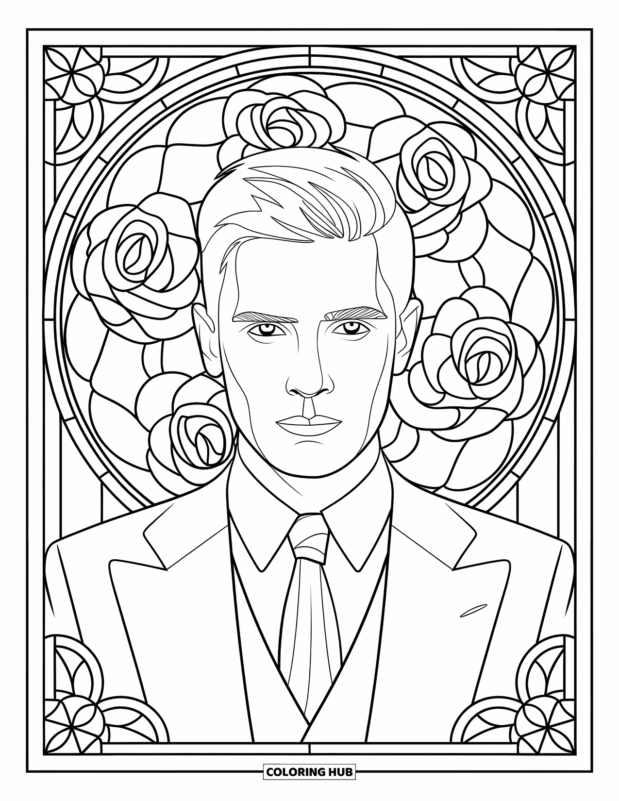 Man Coloring Page for Adults: A close-up of a man in a tie within rose and geometric glass patterns