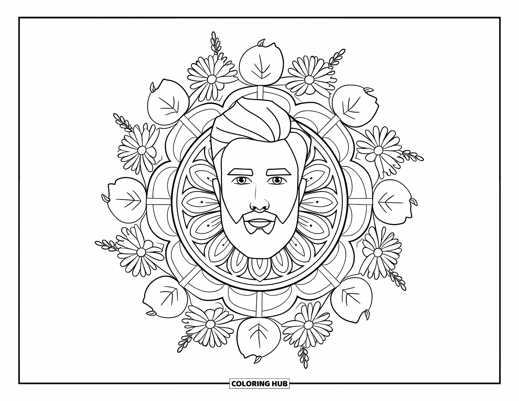 Man Coloring Page for Adults: A gentle-eyed man rests within an intricate floral mandala of ivy and lavender