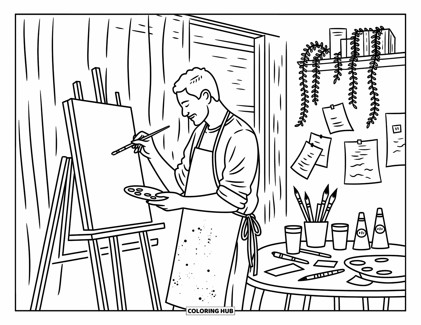 Man Coloring Page for Adults: A man creates art in his warm, light-filled studio surrounded by paints and sketches