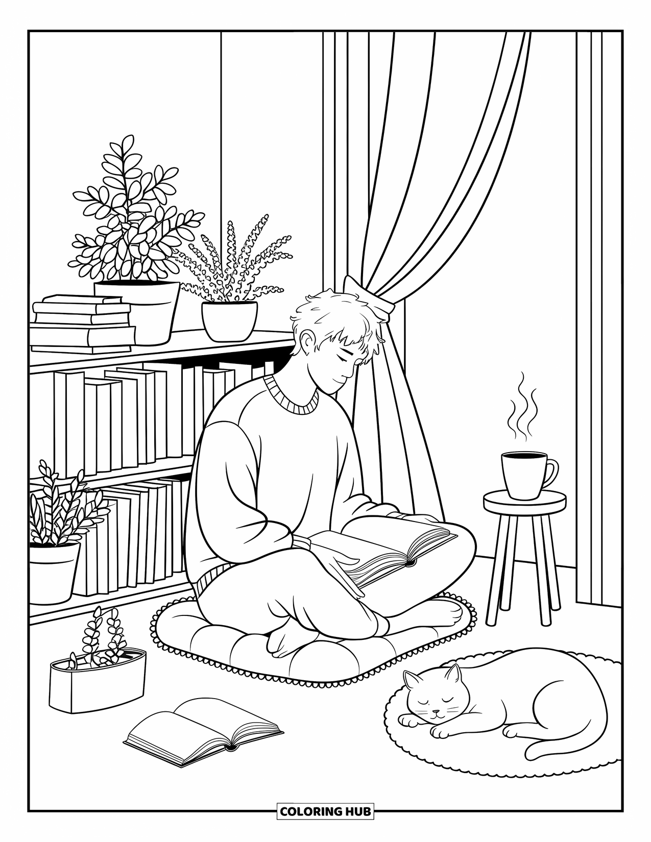Man Coloring Page for Adults: A man reads quietly on a cushion beside a cat and a steaming mug