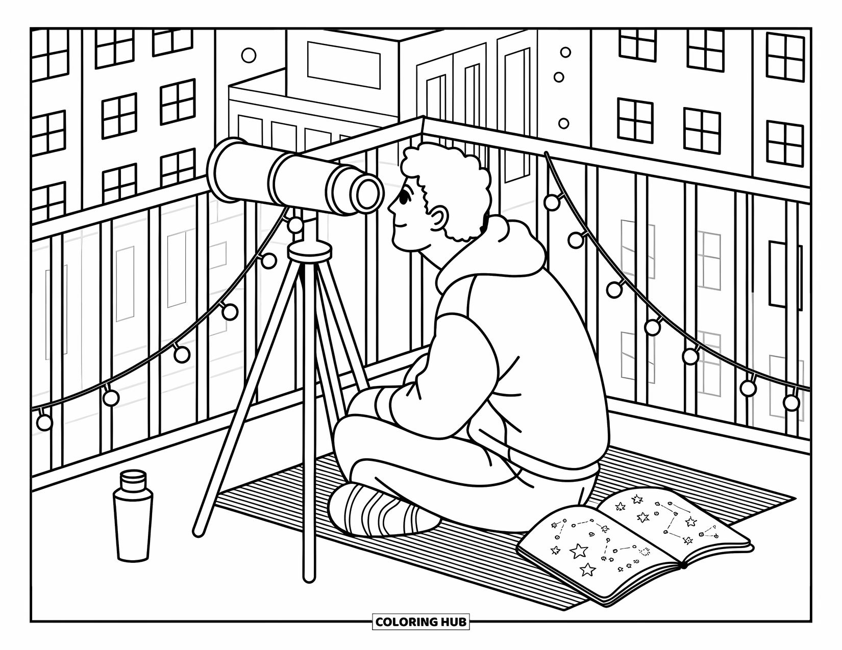 Man Coloring Page for Adults: A man stargazes through a telescope on a cozy rooftop under city lights