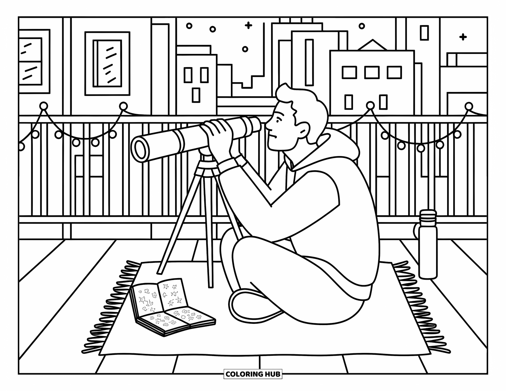 Man Coloring Page for Adults: A man studies the stars from a rooftop, surrounded by string lights and warm city glow