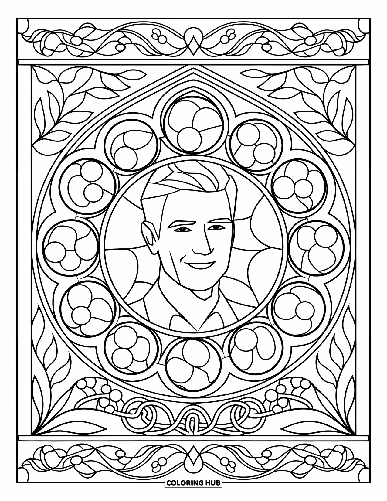 Man Coloring Page for Adults: A man's kind face glows within floral stained glass framed by vines and swirls