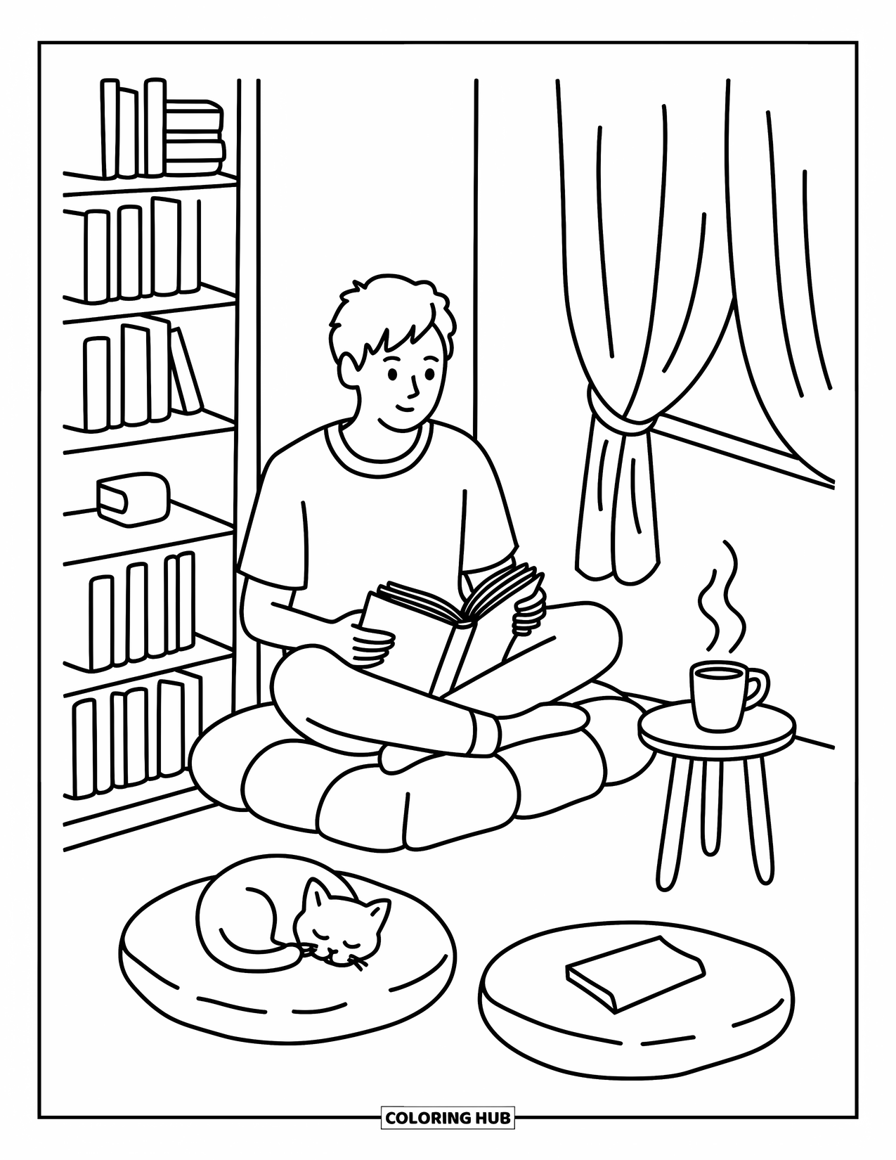 Man Coloring Page for Adults: A relaxed reader sits with his book and cat in a calm, light-filled room