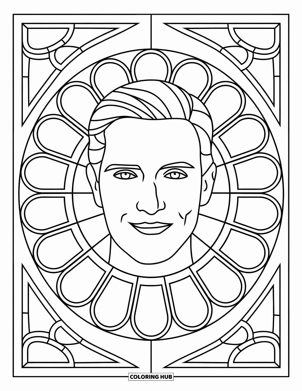 Man Coloring Page for Adults: A smiling man's face rests within cathedral-style stained glass segments