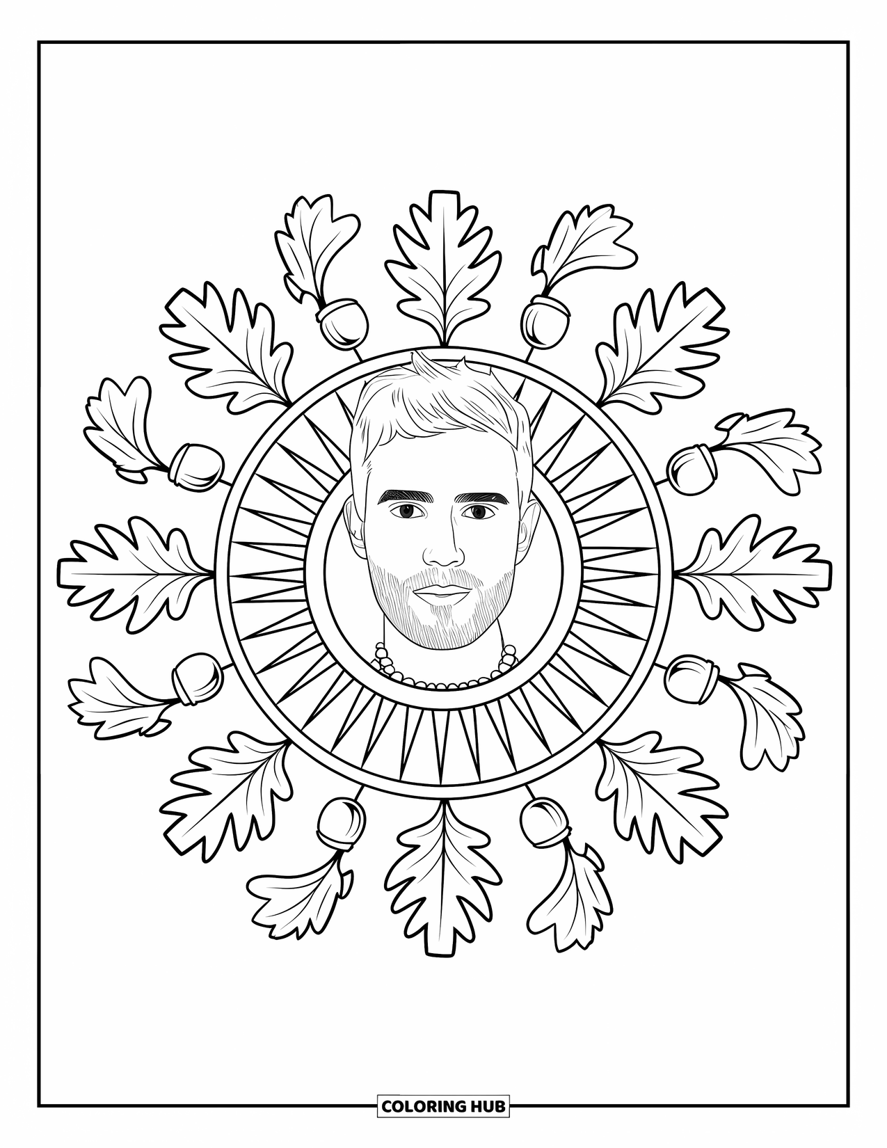 Man Coloring Page for Adults: A thoughtful man surrounded by oak leaves and acorns sits in a sunburst design