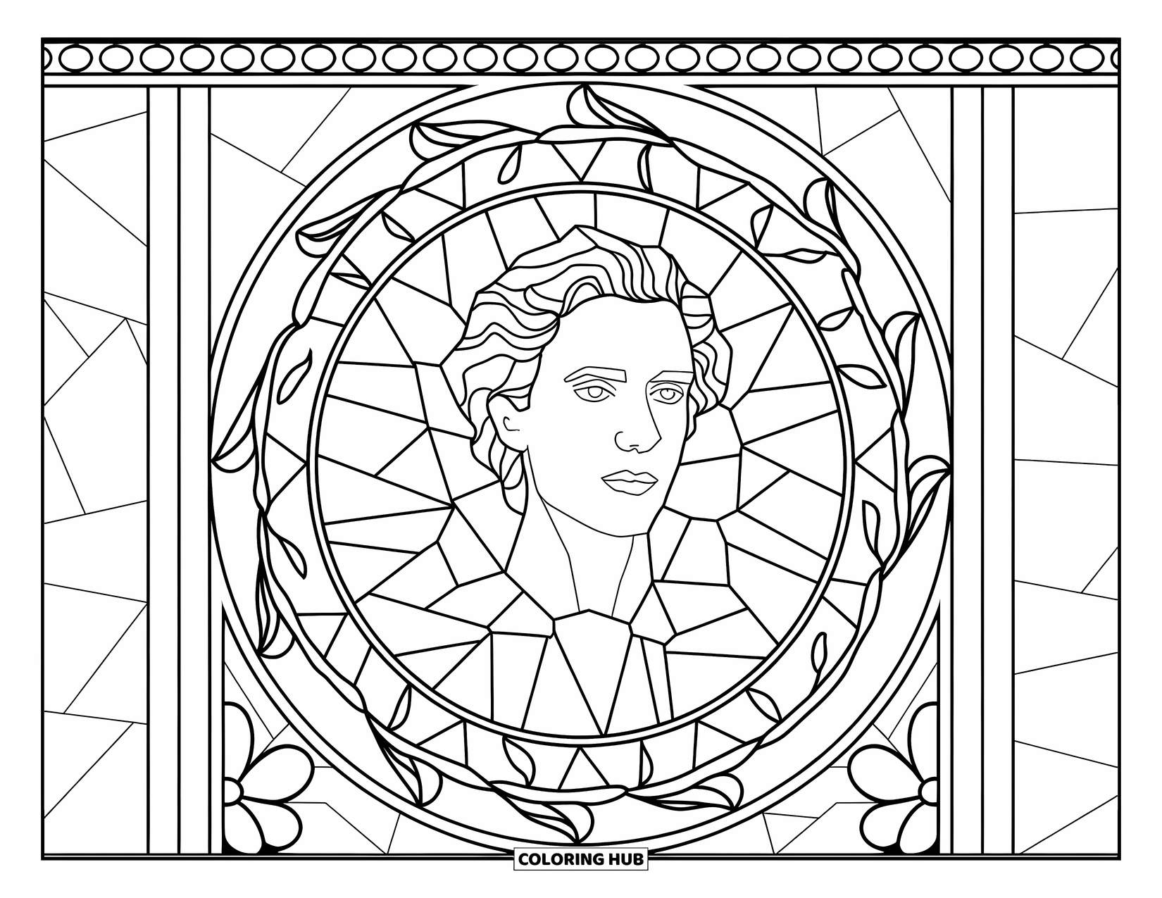 Man Coloring Page for Adults: A wavy-haired man stands within an ornate window of vine and petal shapes
