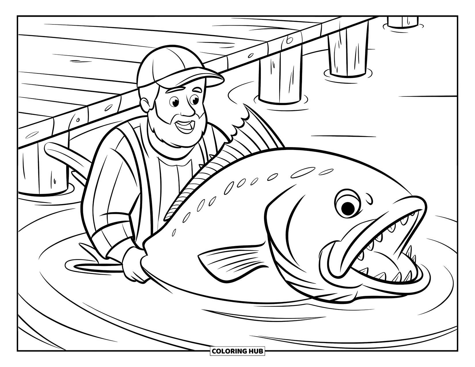 Man Coloring Page for Kids: A bearded fisherman hauls a large fish beside a wooden dock