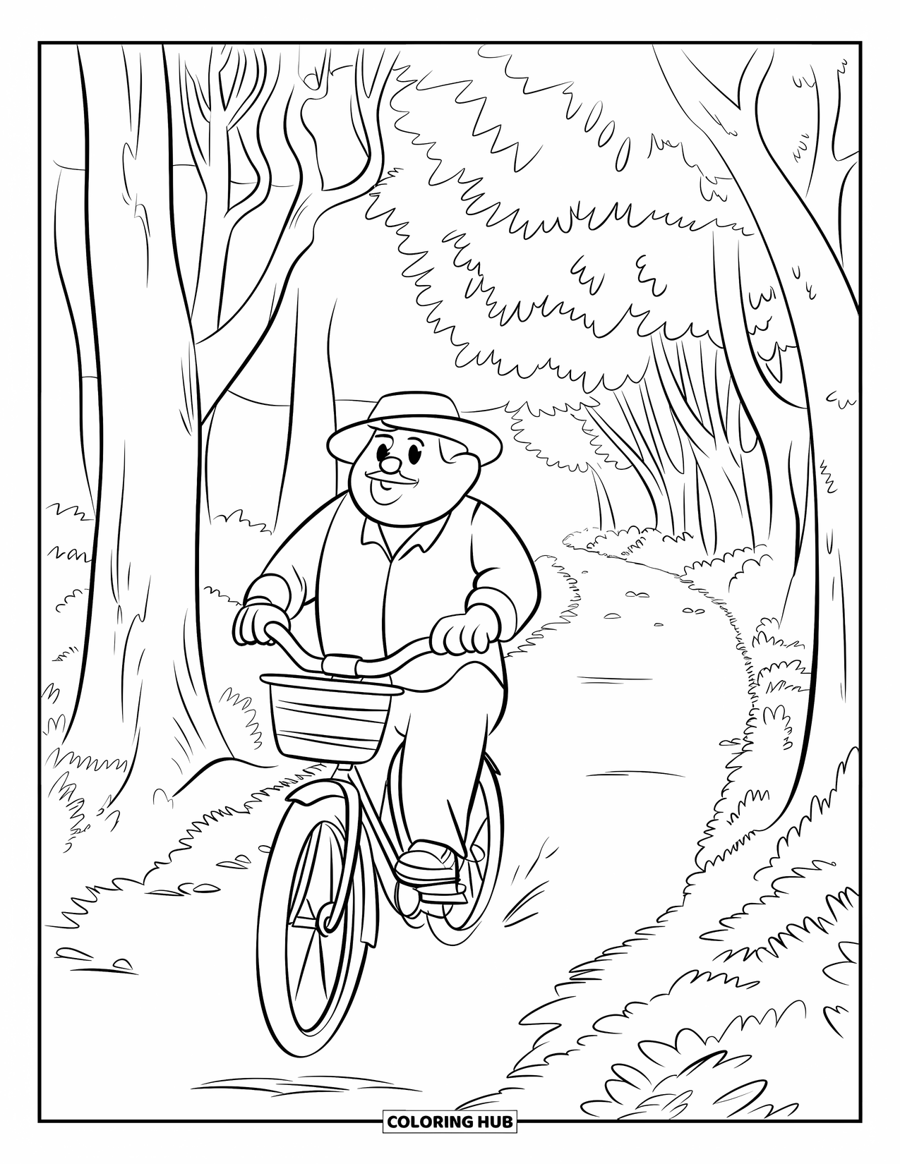 Man Coloring Page for Kids: A bearded man bikes down a tree-lined trail covered in leaves