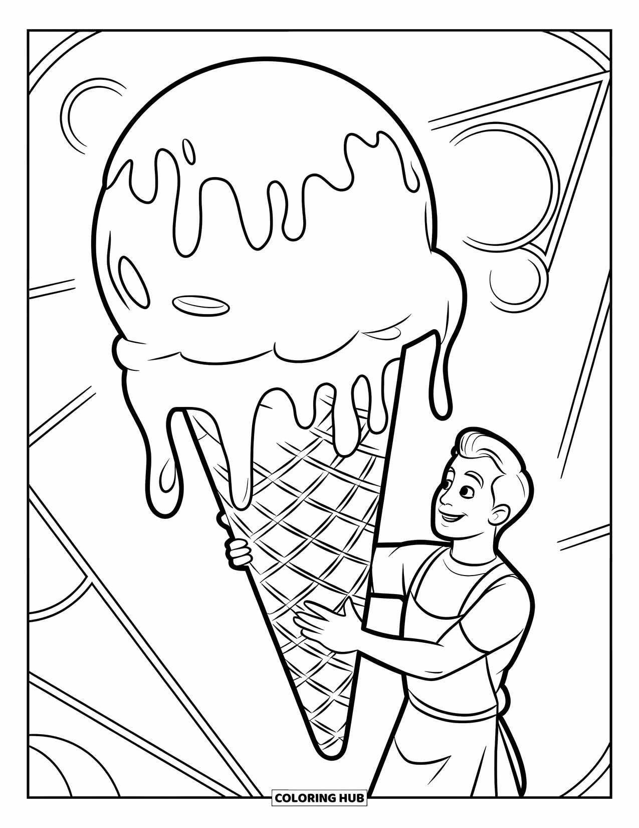 Man Coloring Page for Kids: A cheerful man holds a melting ice cream tower with sprinkles