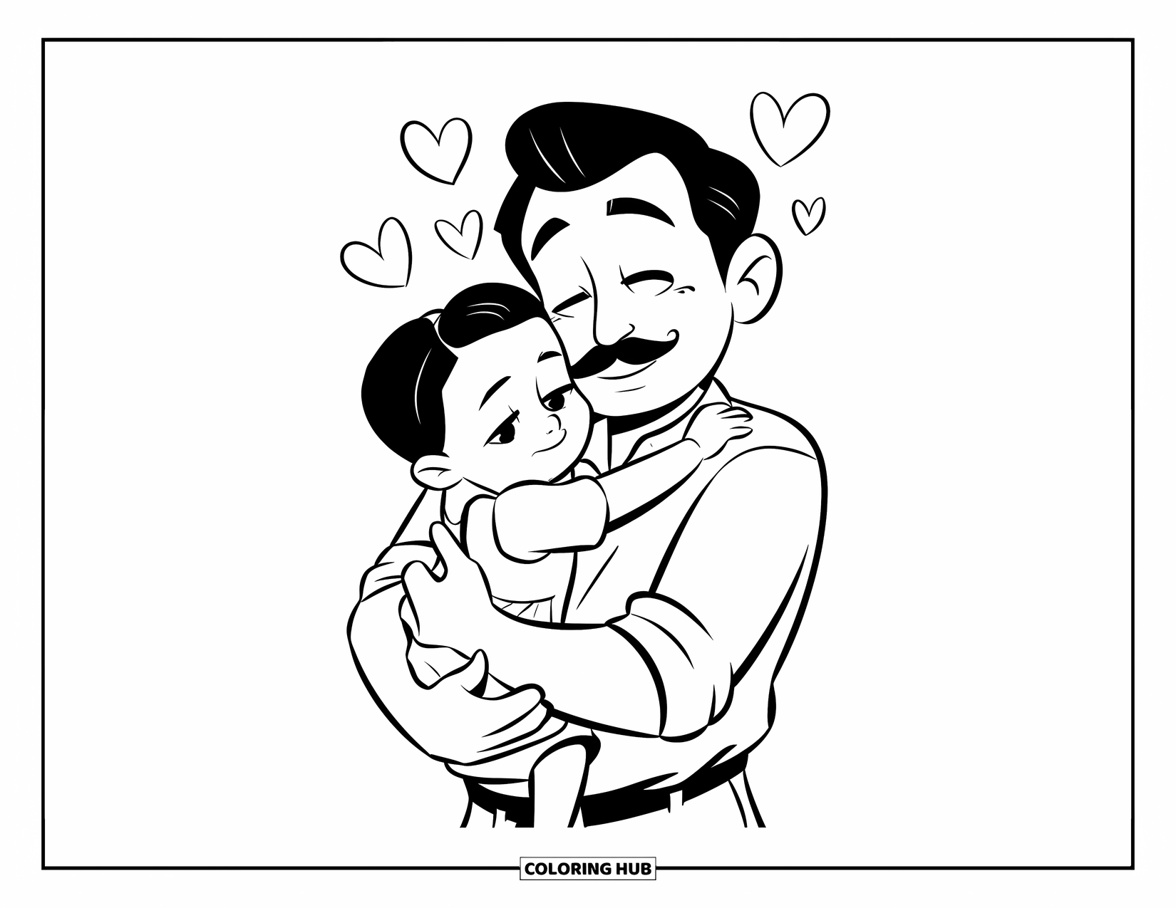 Man Coloring Page for Kids: A dad hugs his child with hearts floating above them