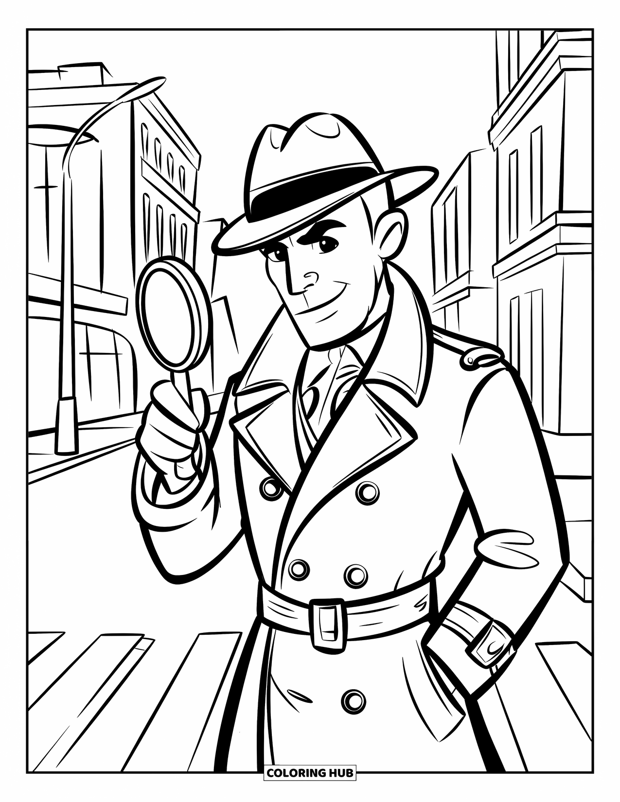 Man Coloring Page for Kids: A detective examines clues beneath a lamppost on a quiet street
