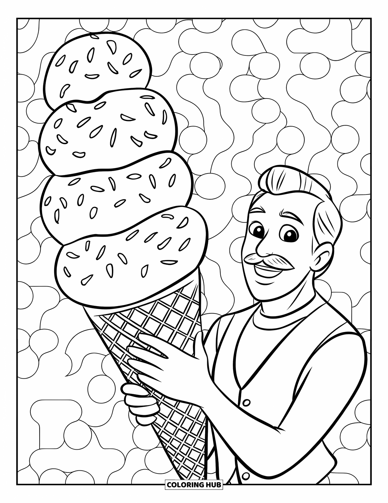 Man Coloring Page for Kids: A happy man holds a huge ice cream cone taller than his head