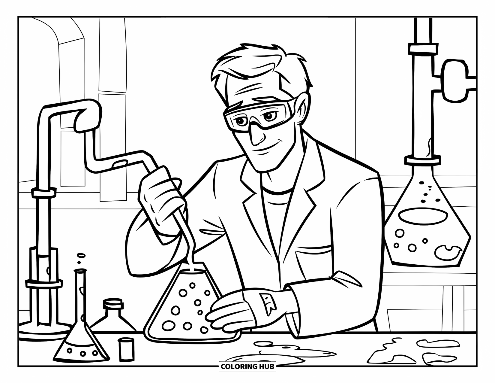 Man Coloring Page for Kids: A lab-coated scientist experiments with glowing liquids in test tubes