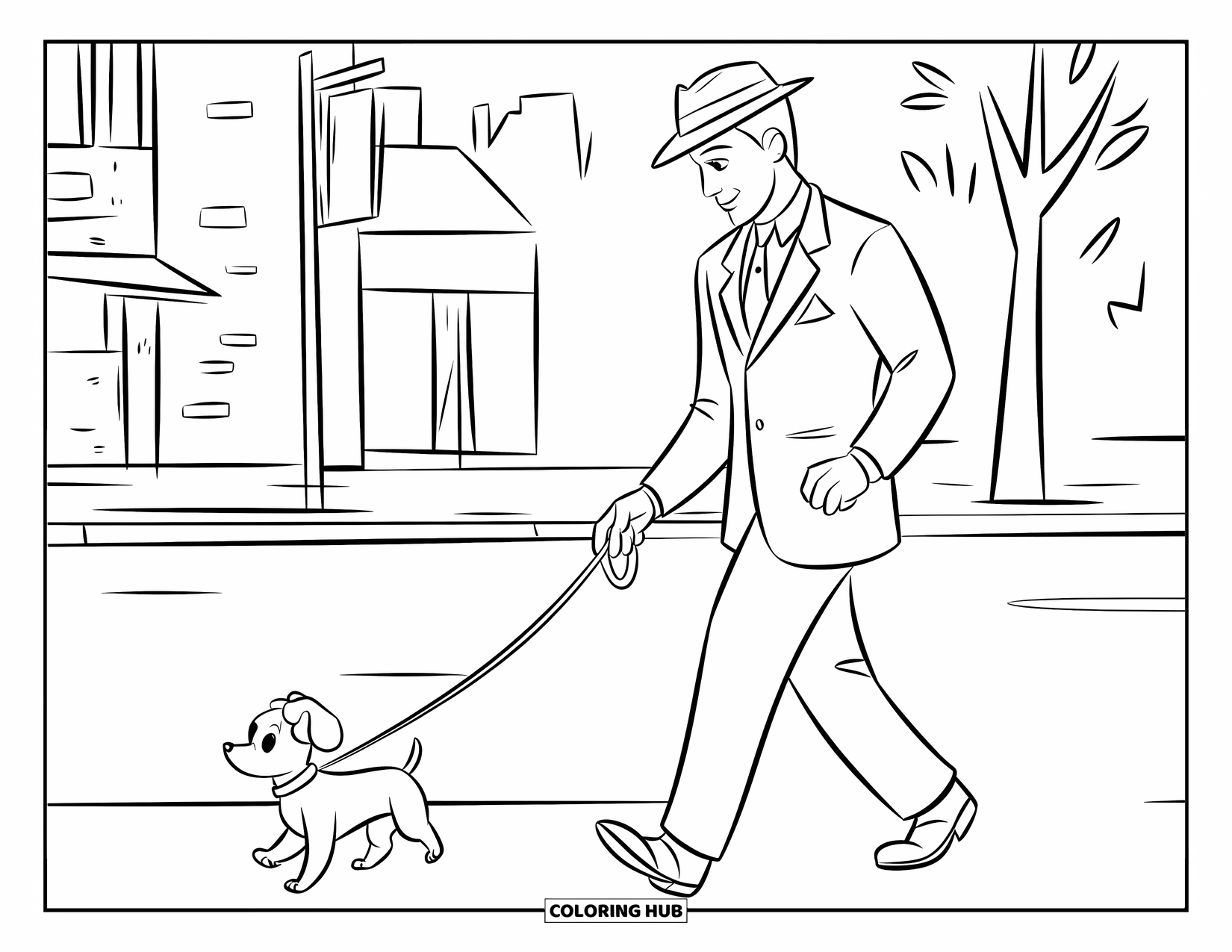 Man Coloring Page for Kids: A man and his dog walk together down a city sidewalk