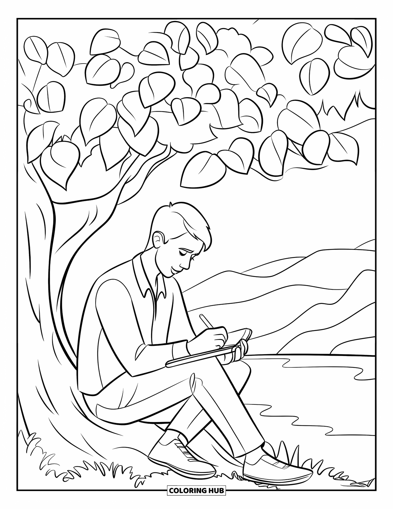 Man Coloring Page for Kids: A man relaxes beneath a tree, writing in his notebook near mountains