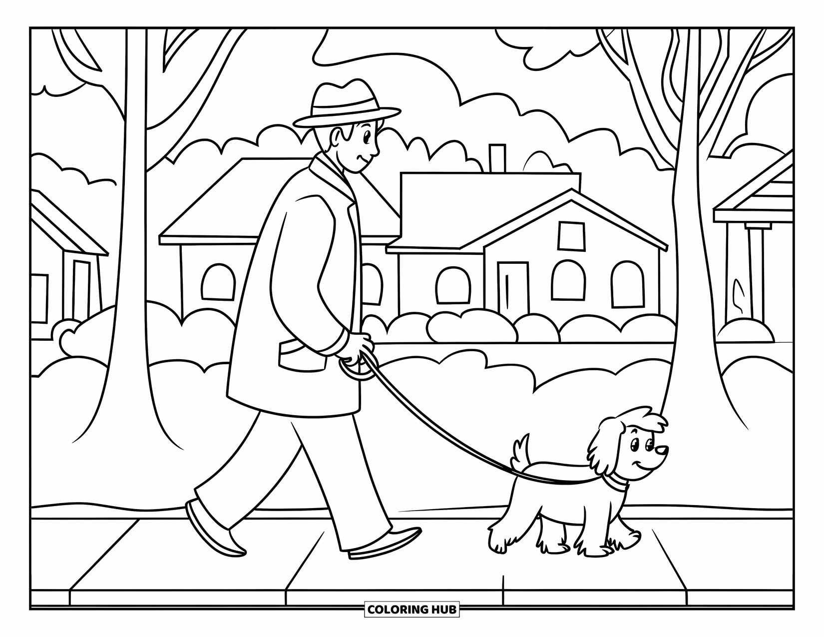 Man Coloring Page for Kids: A man walks a fluffy dog on a quiet street lined with trees