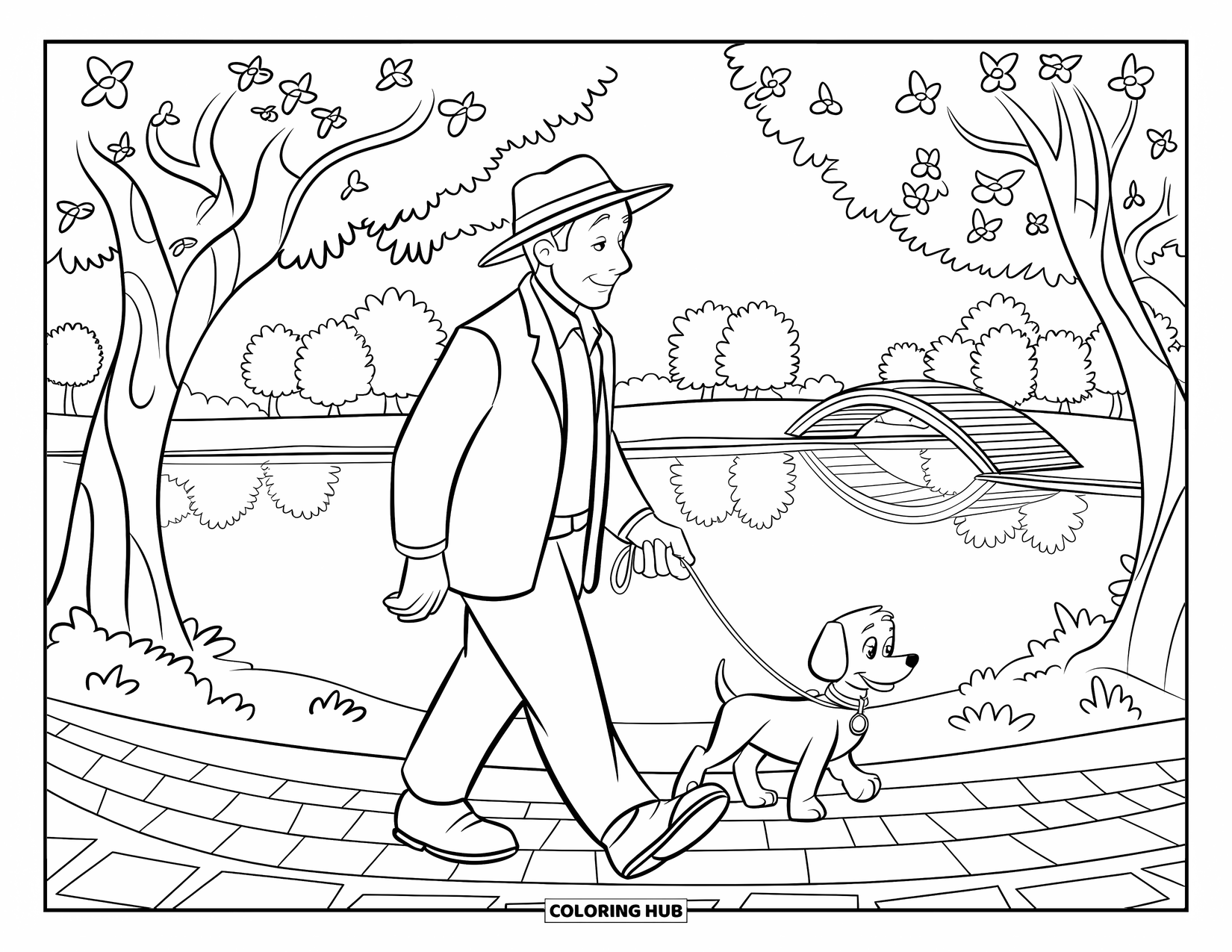 Man Coloring Page for Kids: A man walks his cheerful dog on a cobblestone path by a lake