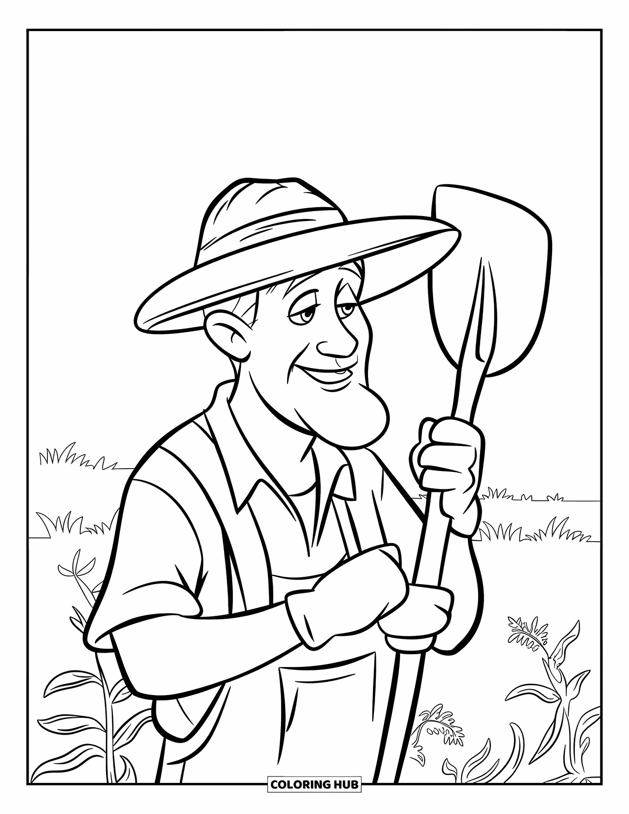 Man Coloring Page for Kids: A smiling farmer stands with his shovel in a simple open field