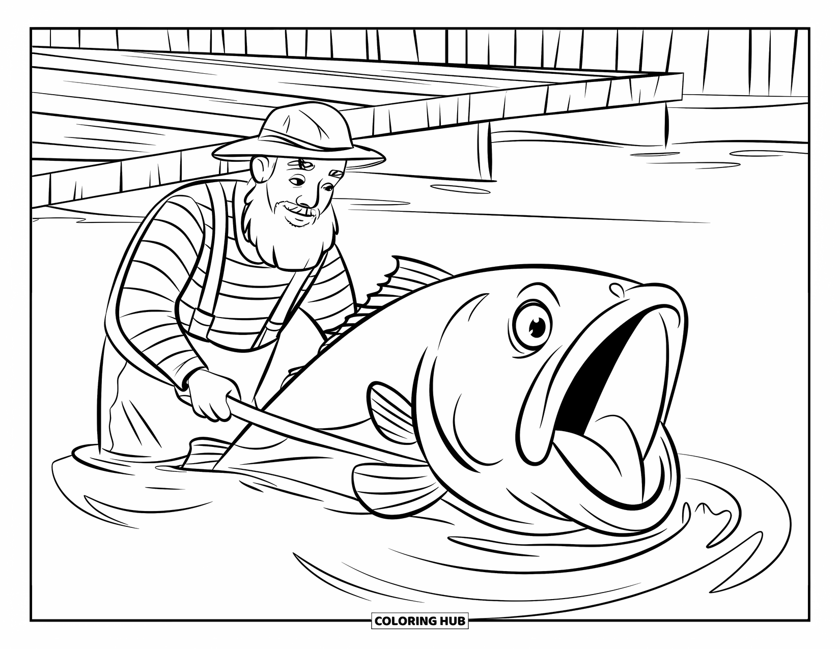 Man Coloring Page for Kids: A smiling fisherman lifts a big catch from the rippling water