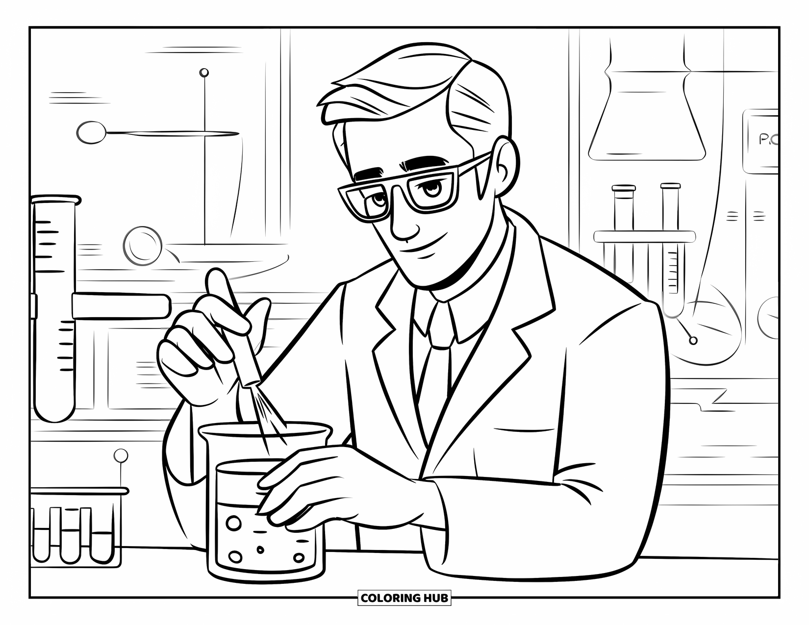 Man Coloring Page for Kids: A smiling scientist stirs a beaker among bubbling flasks and tubes