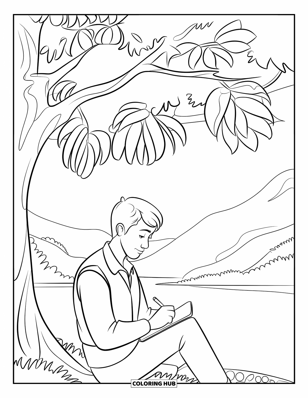 Man Coloring Page for Kids: A traveler sits under a tree, jotting notes beside a calm river