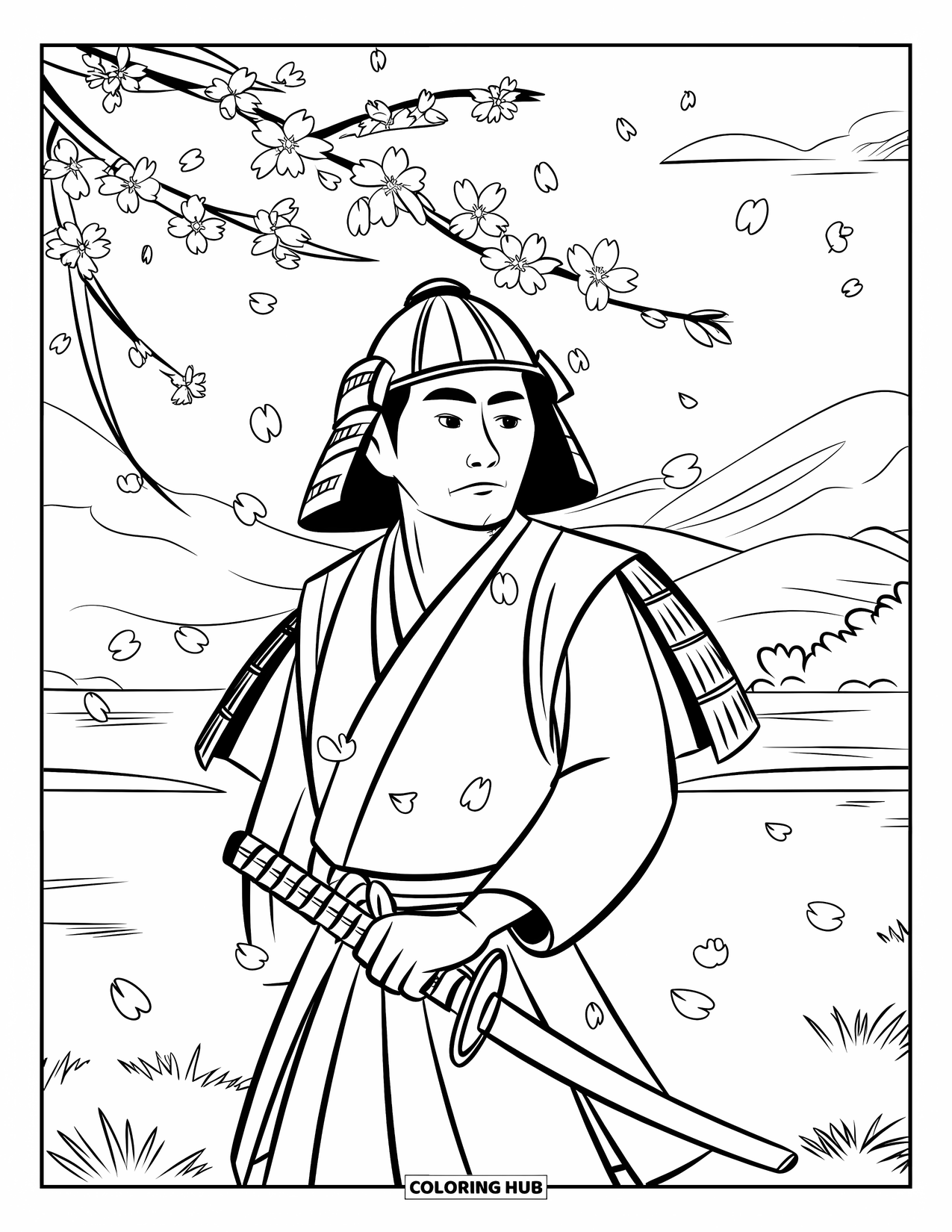 Man Coloring Page for Kids: A warrior stands among drifting petals in a peaceful blossom field