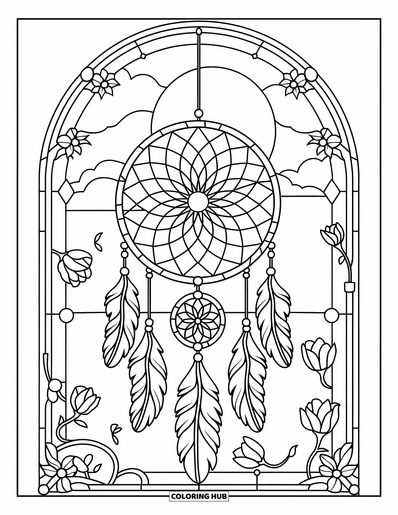 Moon Dream Catcher Coloring Page for Adults: A dream catcher hangs under a full moon with stained glass and drifting blossoms