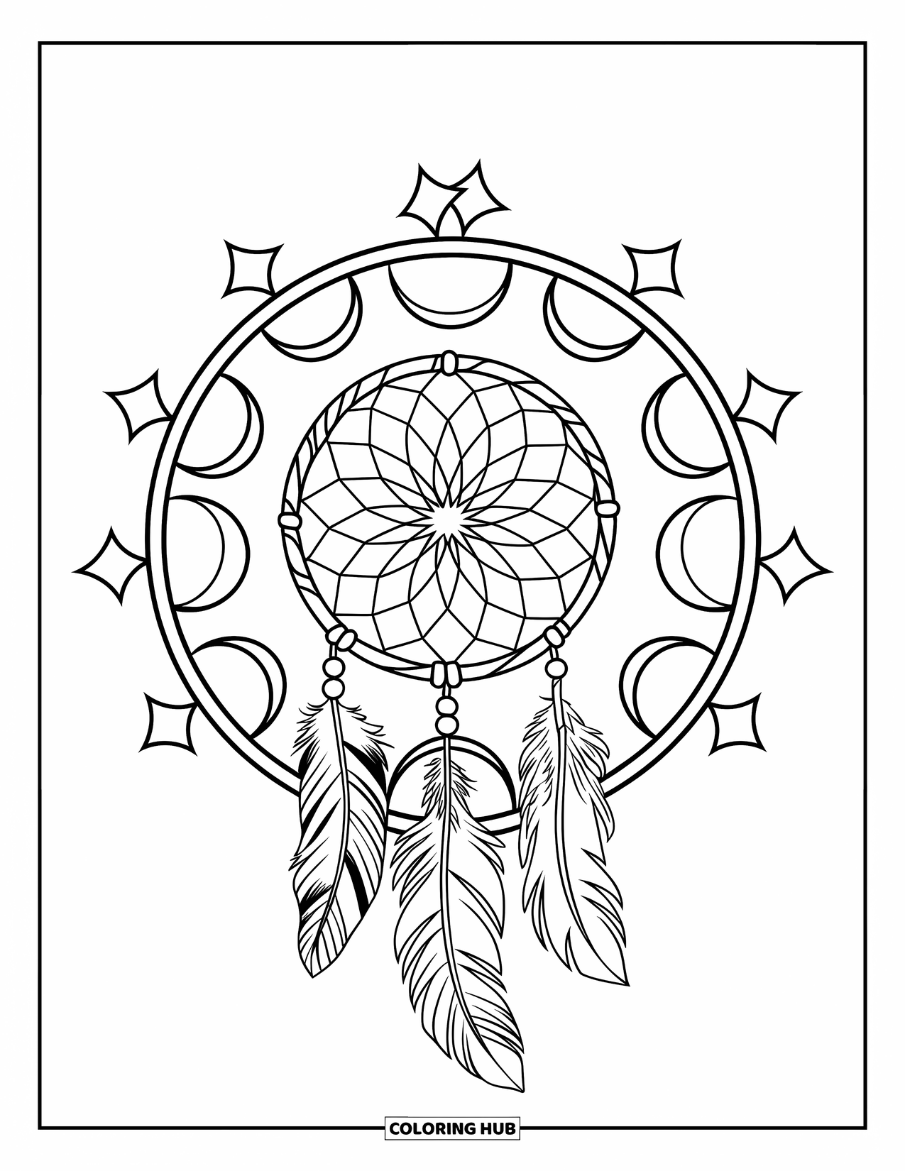 Moon Dream Catcher Coloring Page for Adults: A dream catcher with feathers and vines rests in a circle of moonlit patterns