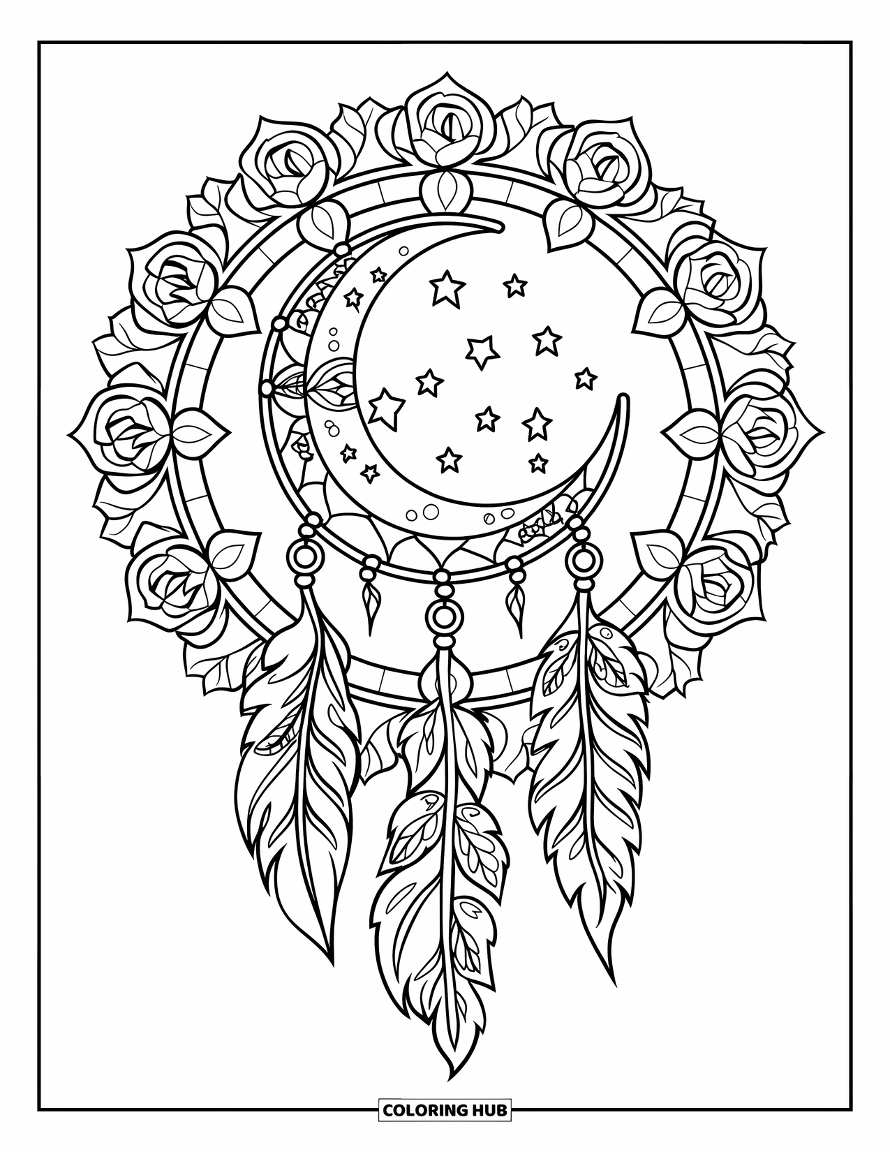 Moon Dream Catcher Coloring Page for Adults: A moon dream catcher floats above a floral mandala filled with roses and ivy